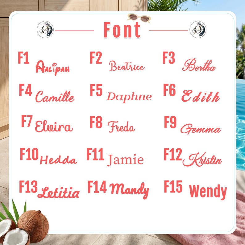May include: A white rectangular chart displaying fifteen distinct font styles labeled F1 through F15, each featuring a sample name in coral-pink text. The header reads Font, flanked by two circular logos with a stylized letter O and sunglasses.