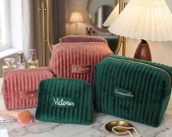 Personalized Velvet Makeup Bag Set, Monogram Travel Toiletry Organizer, Bridesmaid Pouch Duo