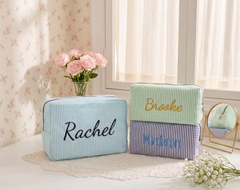 Personalized Seersucker Makeup Bag Set, Monogrammed Cosmetic Pouch, Bridesmaid Travel Organizer