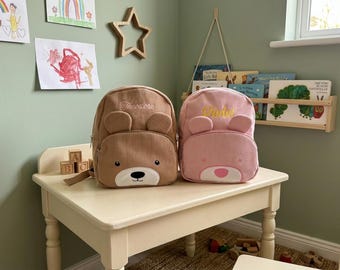 Embroidered Corduroy Bear Backpack, Personalized Toddler Preschool Bag