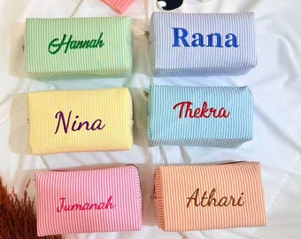 Personalized Seersucker Makeup Bag, Monogram Toiletry Pouch, Bridesmaid Proposal Gift, Custom Double Sided Cosmetic Bag, Gift for Her