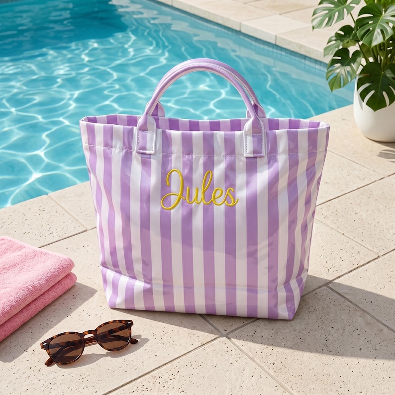 Personalized Striped Waterproof PVC Tote Bag, Beach Pool Summer Vacation Bag image 15