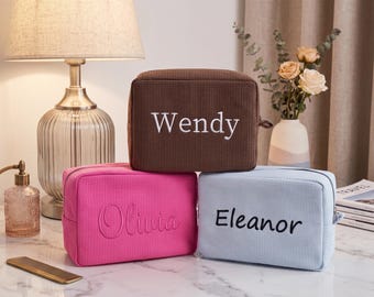 Custom Embroidered Waffle Makeup Bag, Personalized Travel Pouch, Spa Wash Case