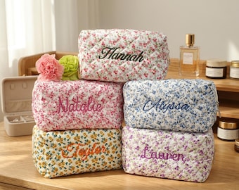 Personalized Quilted Floral Makeup Bag, Vintage Brush Pouch, Cosmetic Zip Case