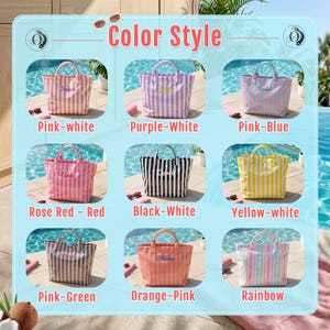 May include: A collection of nine striped tote bags displayed in a grid, each featuring two top handles and a personalized name embroidered on the front. The color combinations include pink-white, purple-white, pink-blue, rose red-red, black-white, yellow-white, pink-green, orange-pink, and a multi-colored rainbow pattern.