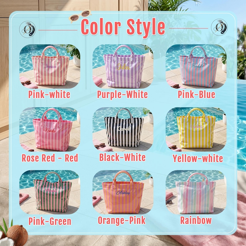 May include: A collection of nine striped tote bags displayed in a grid, each featuring two top handles and a personalized name embroidered on the front. The color combinations include pink-white, purple-white, pink-blue, rose red-red, black-white, yellow-white, pink-green, orange-pink, and a multi-colored rainbow pattern.