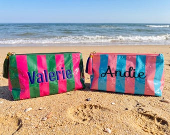 Pochette cosmetica trasparente, pochette per trucchi in PVC personalizzata, beauty case impermeabile ricamato, organizer da viaggio per la spiaggia