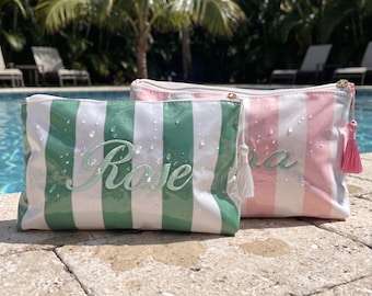 Personalized Embroidered Striped PVC Makeup Bag, Waterproof Cosmetic Pouch