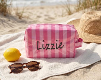 personalized makeup bag, Embroidered Monogram Cosmetic Pouch, Custom Name Striped PVC Travel Bag, Gift for Her