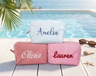 Personalized Seersucker Makeup Bag Set, Monogrammed Beach Pouch, Bridesmaid Cosmetic Organizer