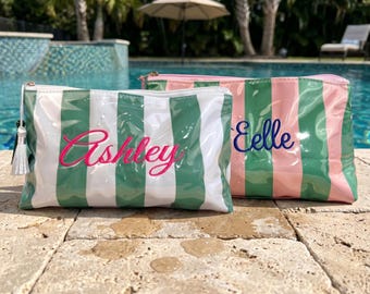Bride Toiletry Bag, Honeymoon Travel Bag, Embroidered Mrs Makeup Bag, Clear Stripe Case, Bridal Shower Favor, Custom PVC Bag