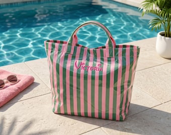 Personalized Striped Waterproof PVC Tote Bag, Beach Pool Summer Vacation Bag
