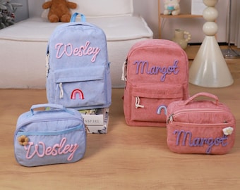 Personalized Corduroy Backpack and Lunch Box Set, Embroidered Toddler Preschool Bag