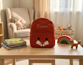 Custom Embroidered Corduroy Fox Backpack, Personalized Toddler Preschool Bag