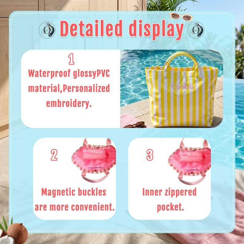 May include: A yellow and white striped tote bag made of waterproof glossy PVC material with personalized embroidery on the front. The bag features two top handles, a magnetic buckle closure, and an interior zippered pocket for storage.