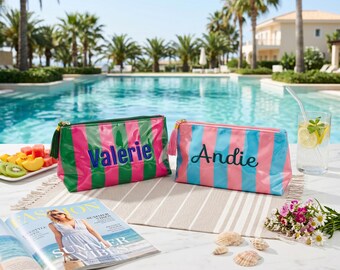 clear cosmetic bag, Personalized PVC Makeup Pouch, Waterproof Embroidered Toiletry Bag, Beach Travel Organizer