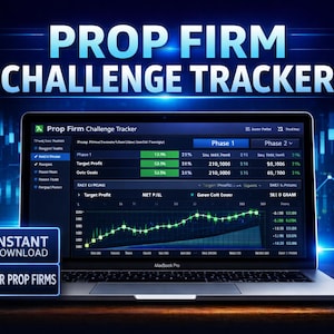 Peut inclure: Un ordinateur portable affiche une interface "Prop Firm Challenge Tracker" avec des données financières, notamment des graphiques et des tableaux. L'écran affiche les données "Phase 1" et "Phase 2", avec le texte "Téléchargement instantané" et "Pour les entreprises de trading" en bas à gauche.