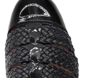 Handmade Black Leather Fisherman Shoes, Woven Straps, Buckle Closure, Closed Toe Sandals