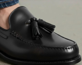 Handmade Black Leather Tassel Loafers, Mens Dress Shoes, Slip On Footwear, Formal Style