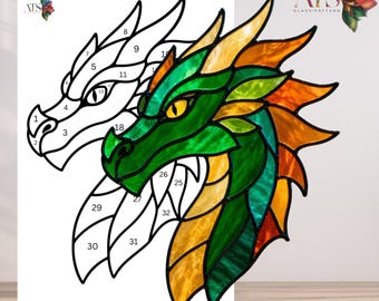 Gebrandschilderd glaspatroon drakenkopplant | Fantasie middeleeuwse draak zonnevanger | Tuinpaal SVG | Draak leesgrage volksdecor pdf