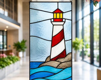 Patroon voor glas-in-lood met vuurtoren (PDF) | Blauwe golven raamhanger | Glas-in-loodpatroon voor beginners | Kustraamdecoratie | DIY glazen wanddecoratie