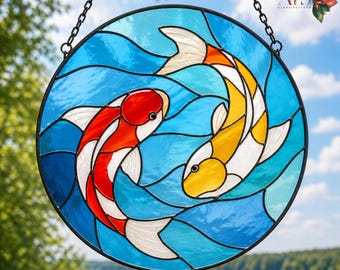 Gebrandschilderd glaspatroon koivissen | Sjabloon Japanse karper suncatcher | Koivissendecoratie | Modern glas-in-lood vispatroon | Koi-zonnevanger pdf