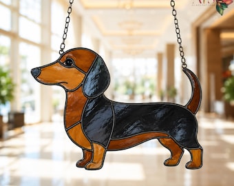 Padrão de vitral de Dachshund | Molde em PDF para apanhador de sol de cachorro salsicha | Design de vitral de cachorro | Arte moderna em vidro com animais | Decoração de parede para casa