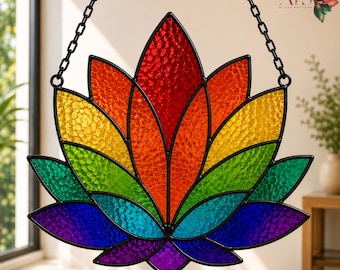 Regenboogbloemmotief in glas-in-loodstijl | Geometrische abstracte raamhanger | Moderne regenboogglaskunst | DIY PDF-sjabloon