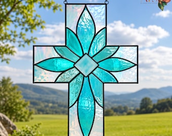 Aqua kruis glas-in-loodpatroon | Bloemenkruis Suncatcher SVG | Zelfgemaakt glazen kruispaneel kerk | Teal blauw kruis glas-in-lood pdf-download