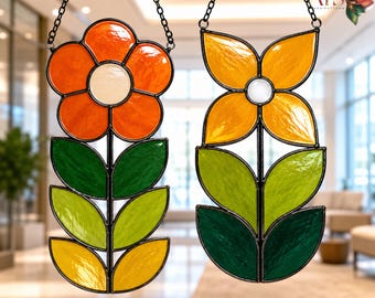 Retro bloemenduo MCM glas-in-loodpatroon | Eenvoudig sjabloon voor raamdecoratie (PDF) voor beginners | Mid-century modern bloemenontwerp van glas | Raamdecoratie