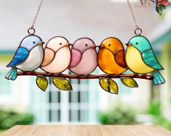 Gebrandschilderd glaspatroon vogel op tak | Moderne gebrandschilderd glas vogel SVG | Raamdecoratie vogel zonnevanger | Directe digitale download pdf