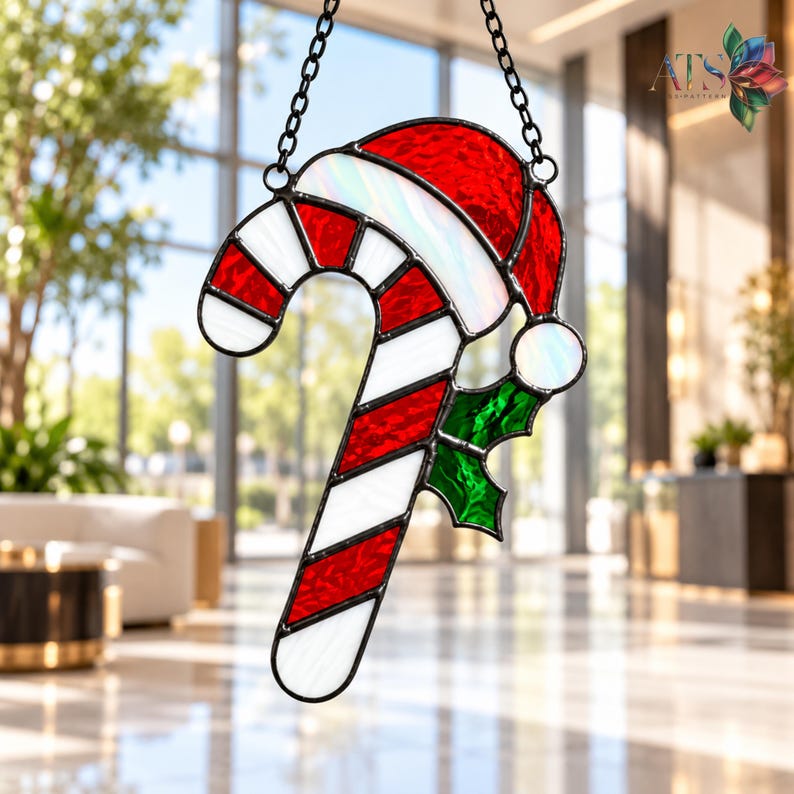 Candy Cane With Santa Hat Stained Glass Pattern | Holly Leaves ...