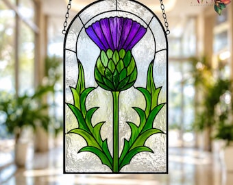 Art Nouveau-distel glas-in-loodpatroon | Glazen paneel Schotse distel | Gebrandschilderd glasontwerp met bloemenart nouveau | Distel SVG-pdf-bestand