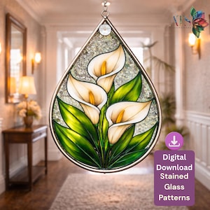Padrão de vitral de copo-de-leite | Modelo em PDF para apanhador de sol floral em formato de lágrima | Painel de vitral de copo-de-leite | Arte em vitral faça você mesmo