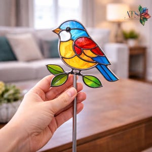 Bird Perched on Plant Stake Stained Glass Pattern | Hummingbird Suncatcher | Stained Glass Panel | Bird Wall Art | Plant Pot Stakes Template