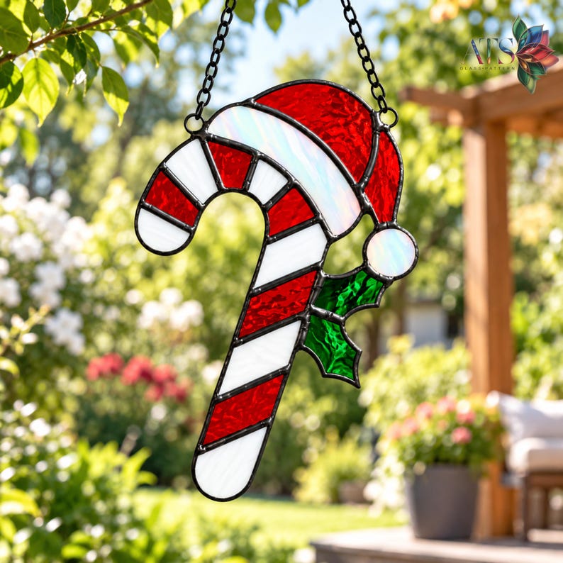 Candy Cane With Santa Hat Stained Glass Pattern | Holly Leaves ...