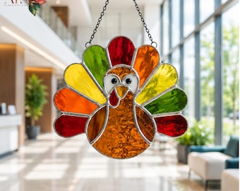 Leuk kalkoenpatroon in glas-in-lood (PDF) | Sjabloon voor een Thanksgiving-kalkoen raamhanger | Ontwerp voor herfstraamdecoratie