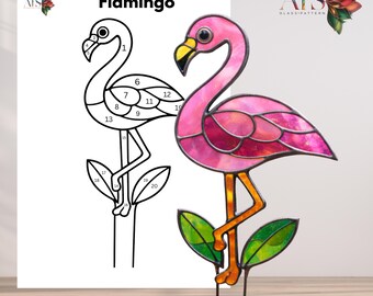 Patroon glas-in-lood plant flamingo | Flamingo-zonnevanger | Gebrandschilderd glas vogelpatroon | Plantenstok voor vogels | Glazen flamingo pdf