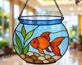 Goldfish Bowl Stained Glass Pattern | Aquarium Suncatcher | Goldfish Suncatcher Template | Fish Bowl Glass Decor | Gold Fish PDF Download