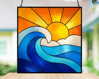 Gebrandschilderd glaspatroon oceaangolf | Sjabloon gebrandschilderd glas zonsondergang | Strandgolfpaneel | Aangepaste doe-het-zelf oceaangolfkunst | Ontwerp glas-in-lood bij zonsondergang