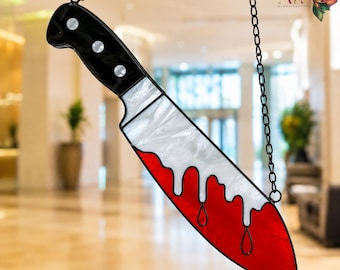 Bloody Knife gebrandschilderd glas Sun Catcher patroon SVG png | Spooky Halloween-sjabloon voor gebrandschilderd glaspaneel | Horror suncatcher kunst decor pdf