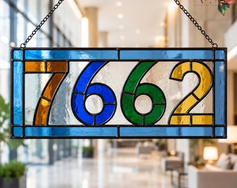Ontwerp voor een gepersonaliseerd huisnummer in glas-in-lood | Sjabloon voor een raamhanger | Ontwerp voor een glazen huisnummer | Digitale download van een huisnummerbord