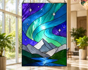 Aurora paneel met gebrandschilderd glaspatroon | Gebrandschilderd glas noorderlicht | Aurora Borealis glasdecoratiekunst | Raambedel pdf direct downloaden