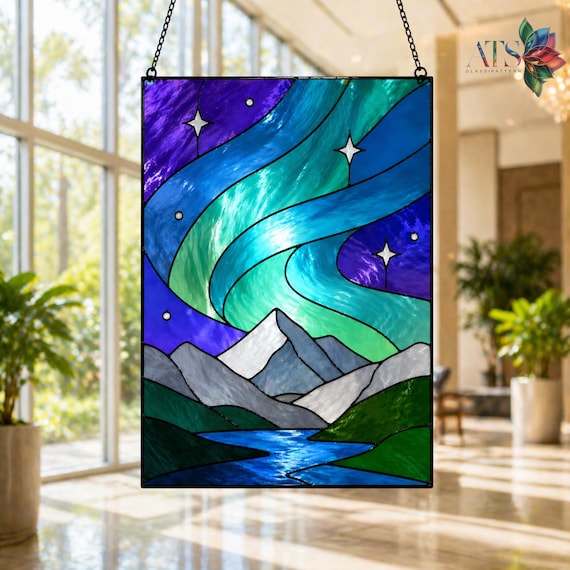 Aurora Stained Glass Pattern Panel | Northern Lights Stained Glass | Aurora Borealis Glass Decor Art | Window Charm PDF Instant Download