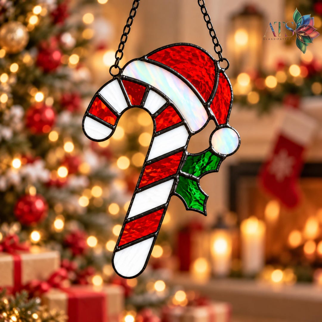 Candy Cane With Santa Hat Stained Glass Pattern | Holly Leaves ...