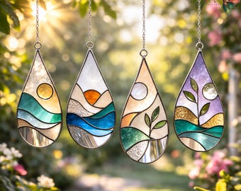 Diseño de vidrieras Mini Drops / Mini gota de sol naciente – Juego de 4 diseños de vidrieras / Atrapasueños de vidrieras modernas / Vidrio con efecto de rayos de sol