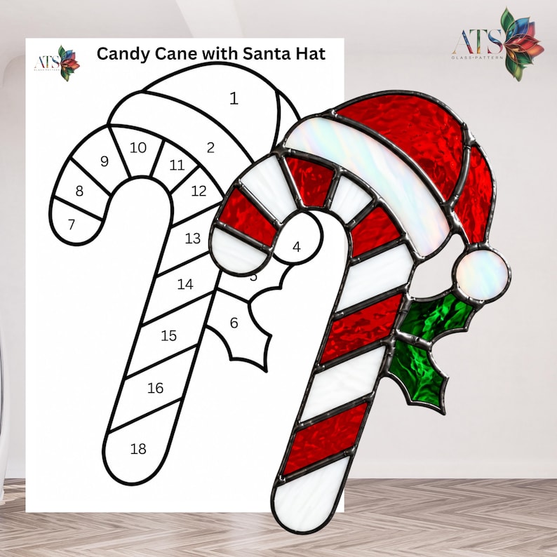 Candy Cane With Santa Hat Stained Glass Pattern | Holly Leaves ...