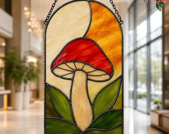 Patroon voor glas-in-loodpaneel met paddenstoelboog (PDF) | Botanische raamhanger sjabloon voor beginners | Glaskunst met paddenstoelen | Ontwerp met schimmels in glas | Woondecoratie