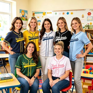 May include: A group of seven baseball-style jerseys in various colors including navy, yellow, white, black, light blue, green, and pink, each featuring pinstripes and text such as First grade, Second grade, Third grade, Fourth grade, Fifth grade, and Your team.