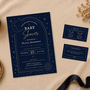 May include: Navy blue baby shower invitation with gold celestial design elements, including a moon, stars, and sun. The invitation includes the text "Baby Shower" and details for Olivia Anderson's shower, along with registry and diaper raffle cards.